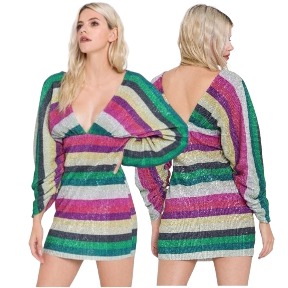 Multicolor Striped V-Neck Dress With Sequins